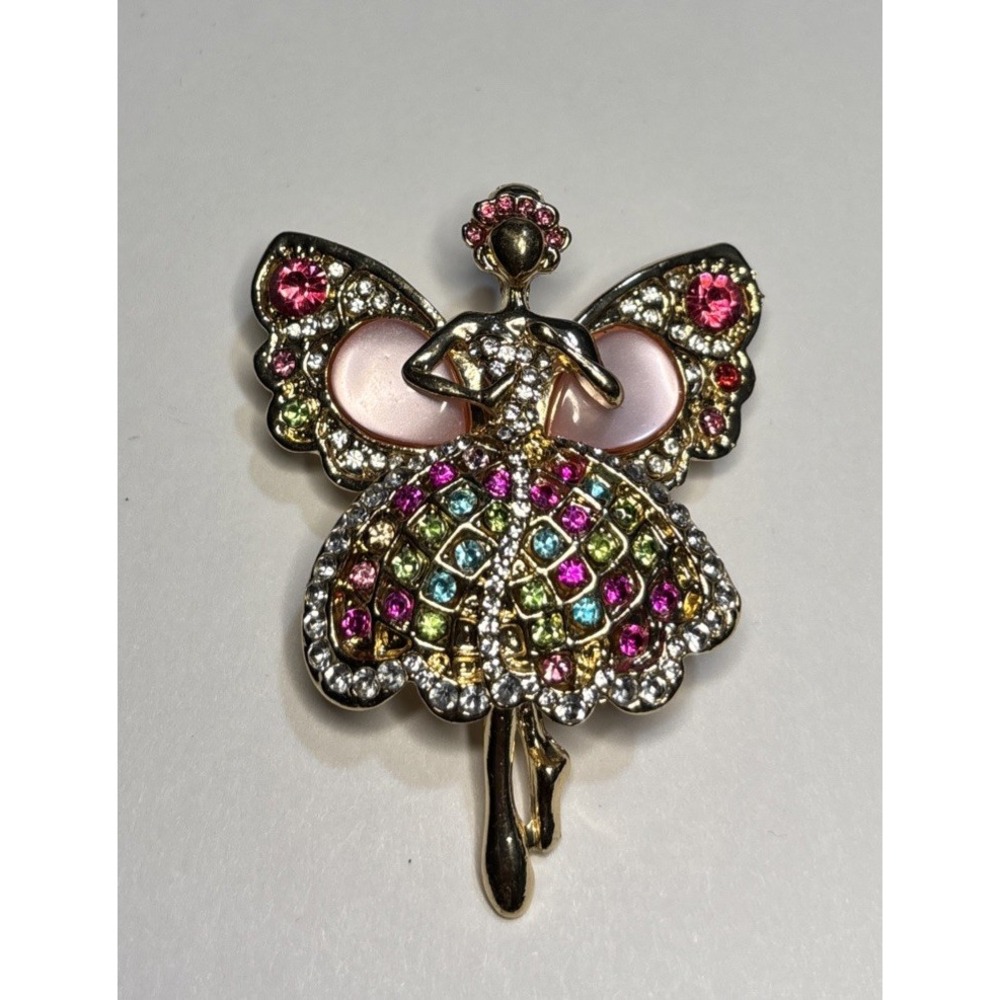 Fairy Ballerina Brooch Multicolor Rhinestones Pink Wings Gold Tone 2"